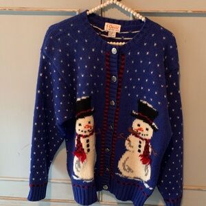 Vintage Orvis 100% Scottish Wool Knit Button Up L/S Snowmen Cardigan Sweater XL